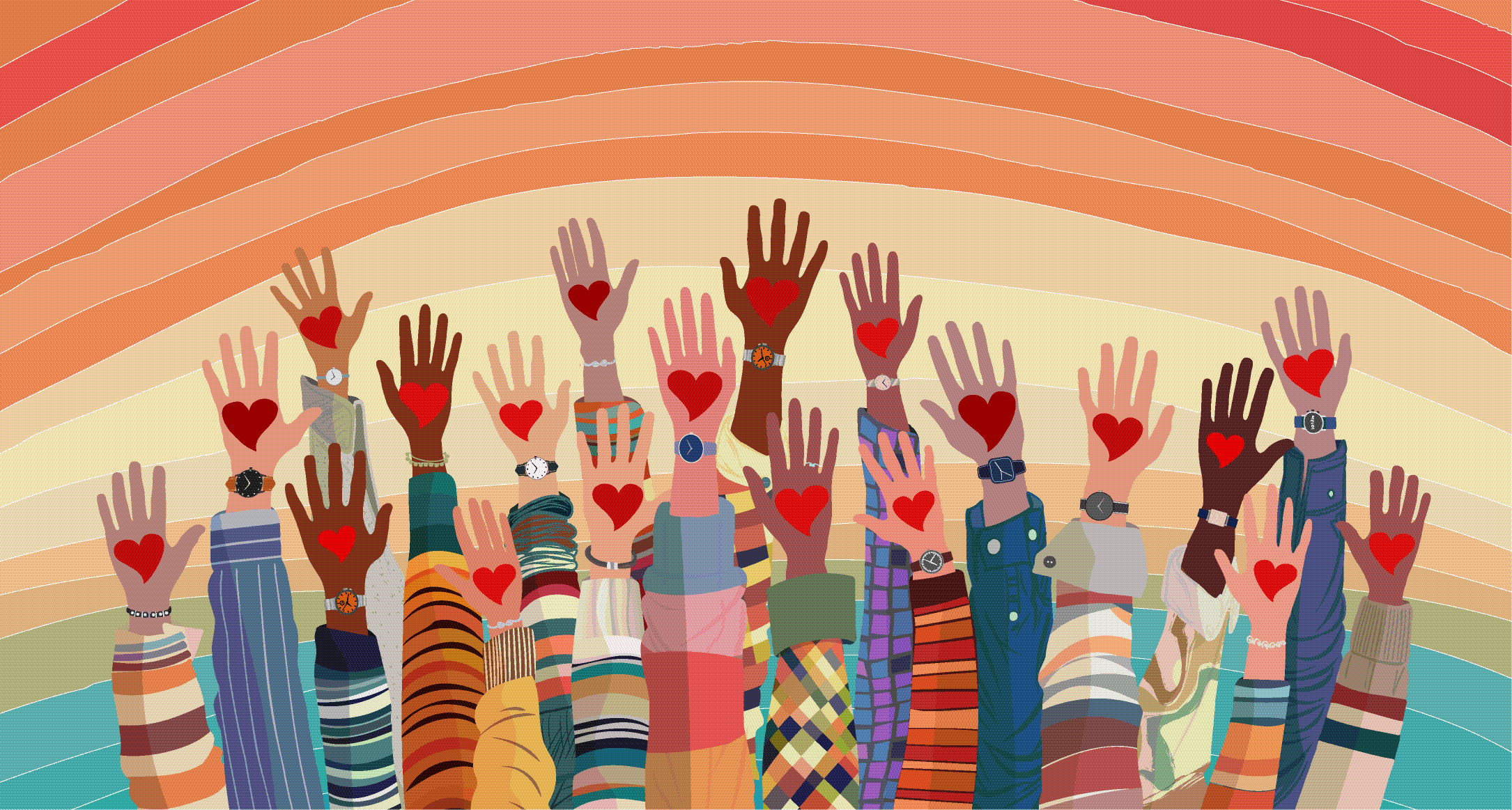 Illustration of many raised hands of different skin tones, each with a red heart on the palm